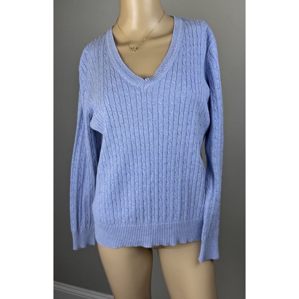 KIM ROGERS Sz M Blue 100% Cotton Pullover V-Neck Sweater Top Cable-Knit